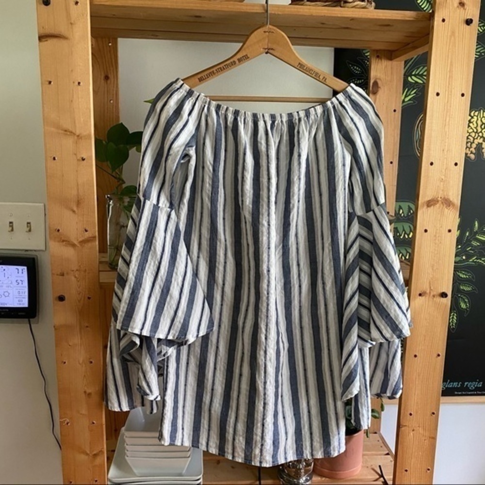 Lulu’s Along the Tides Navy Blue Striped Off-the-Shoulder Mini Dress Bell Sleeve - Picture 3 of 13